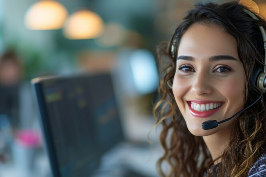 A portrait of a young woman working as a call center operator