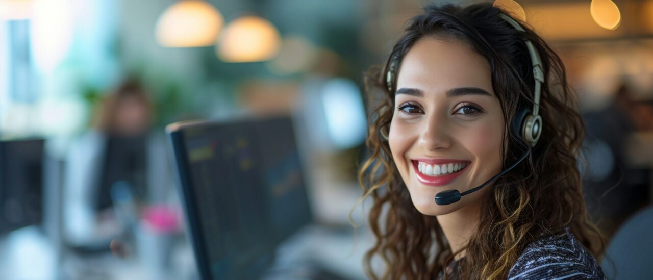 A portrait of a young woman working as a call center operator