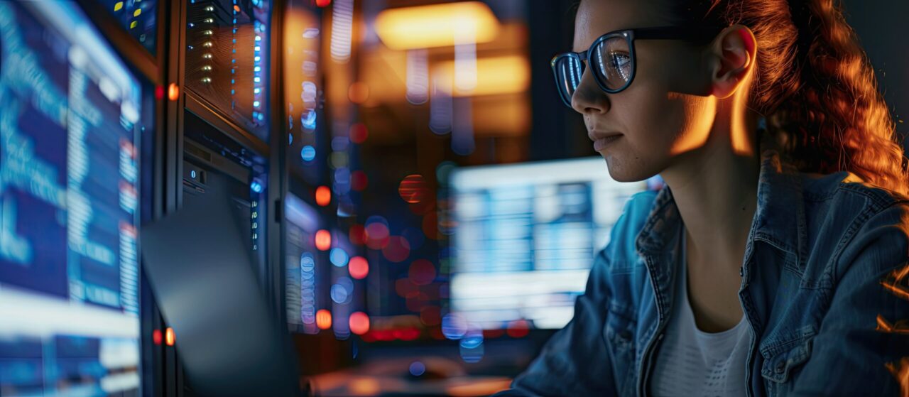 A female engineer in glasses is focused on a computer screen, working on nighttime cybersecurity maintenance and networking in a data center